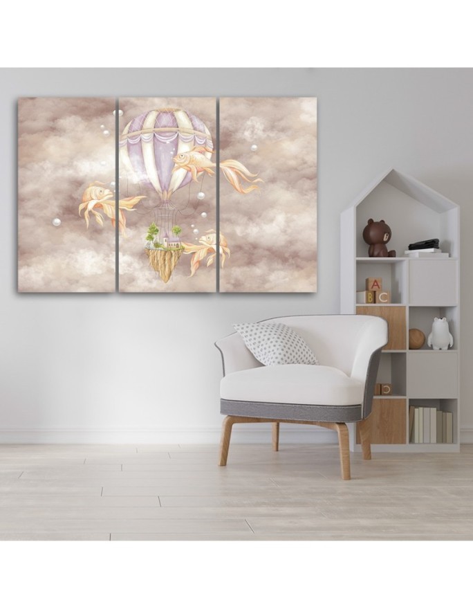 Canvas prints for children - Hot air balloon flying house and fish | FEEBY
