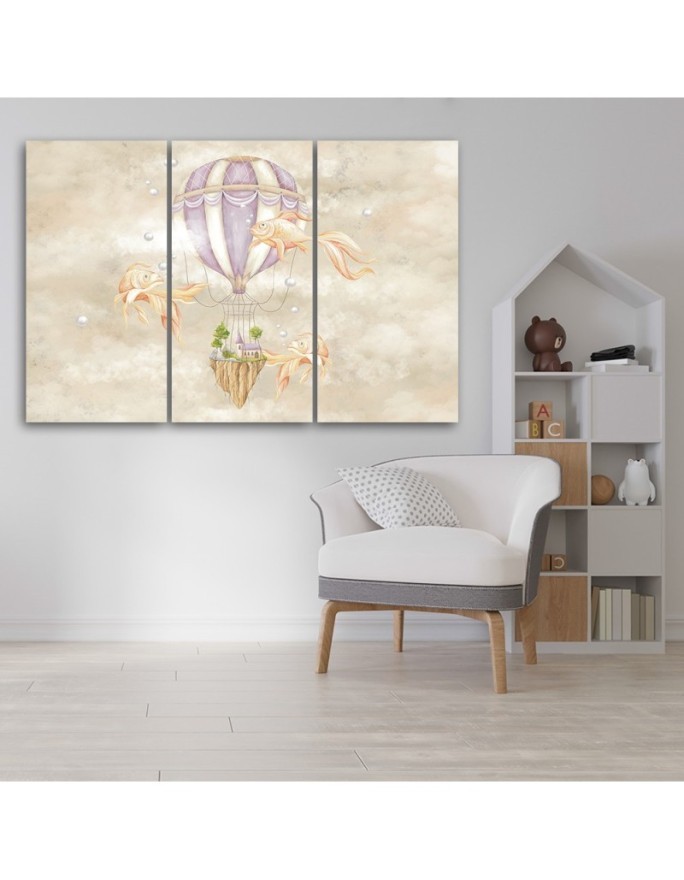 Canvas prints for children - Hot air balloon flying house and fish | FEEBY