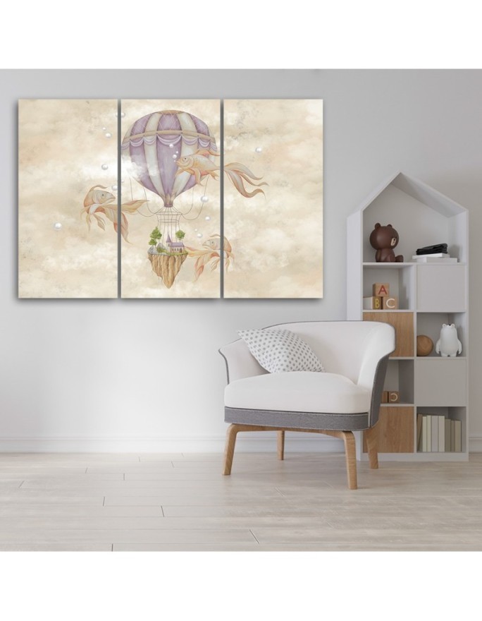 For kids Canvas prints - Hot air balloon flying house and fish | FEEBY