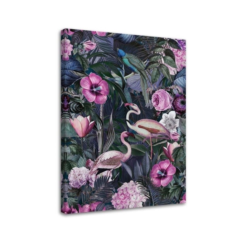 Wall art painting for living room - Flamingos in a dark jungle by Andrea Haase | FEEBY