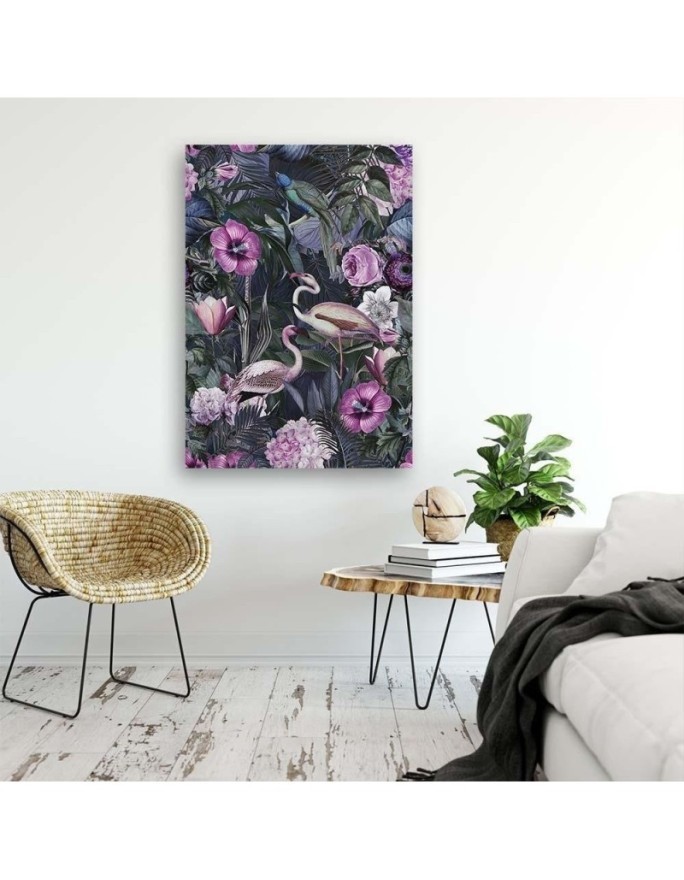 Wall art painting for living room - Flamingos in a dark jungle by Andrea Haase | FEEBY