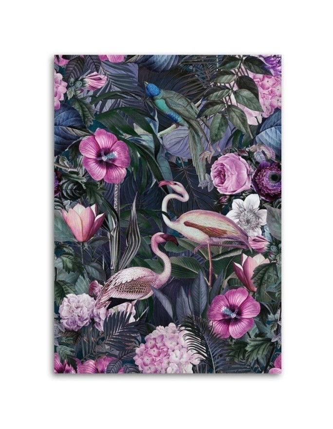 Wall art painting for living room - Flamingos in a dark jungle by Andrea Haase | FEEBY