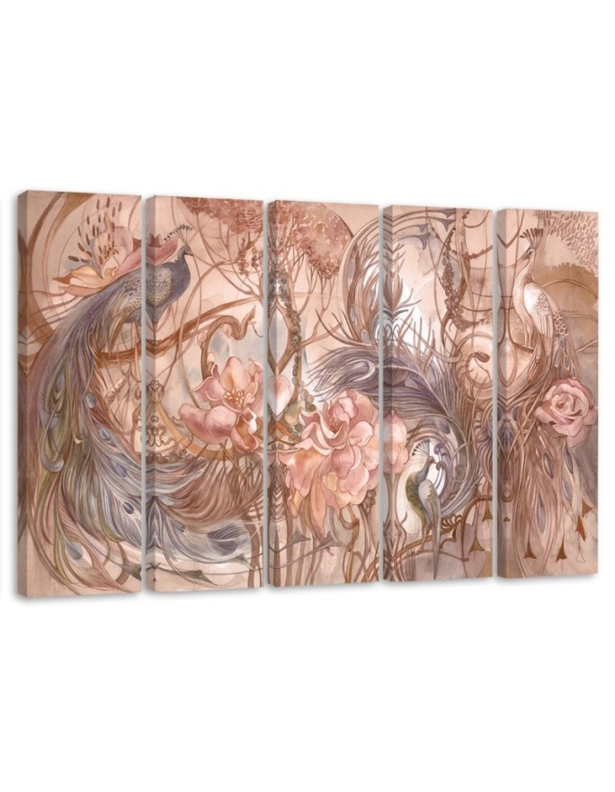 Wall painting for living room 5 parts - Magic peacock | FEEBY