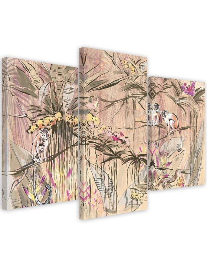Wall Canvas painting for living room triptych - Monkeys in the jungle | FEEBY