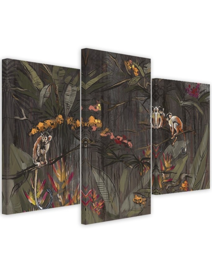 Wall art painting for living room triptych - Monkeys in the jungle | FEEBY