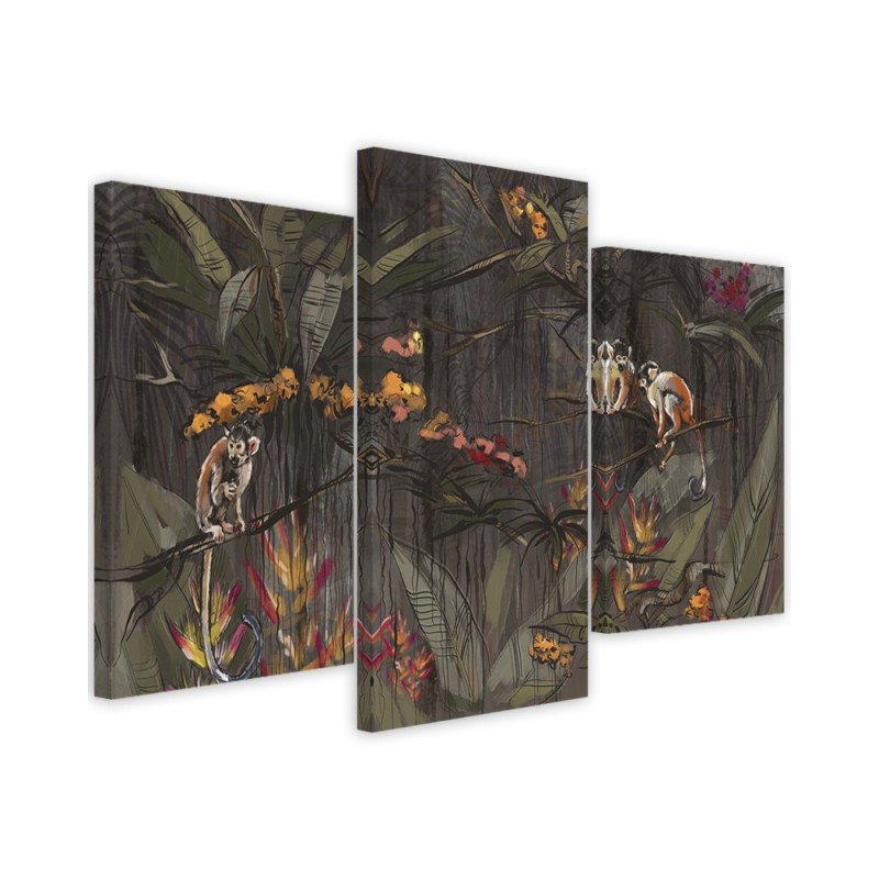 Wall art painting for living room triptych - Monkeys in the jungle | FEEBY