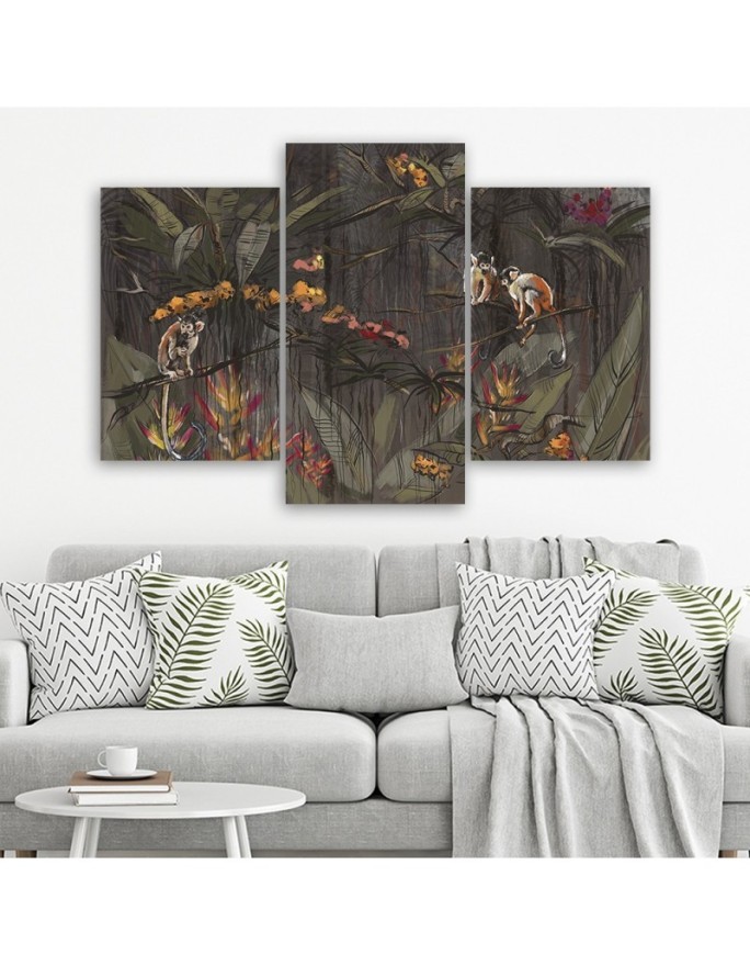 Wall art painting for living room triptych - Monkeys in the jungle | FEEBY