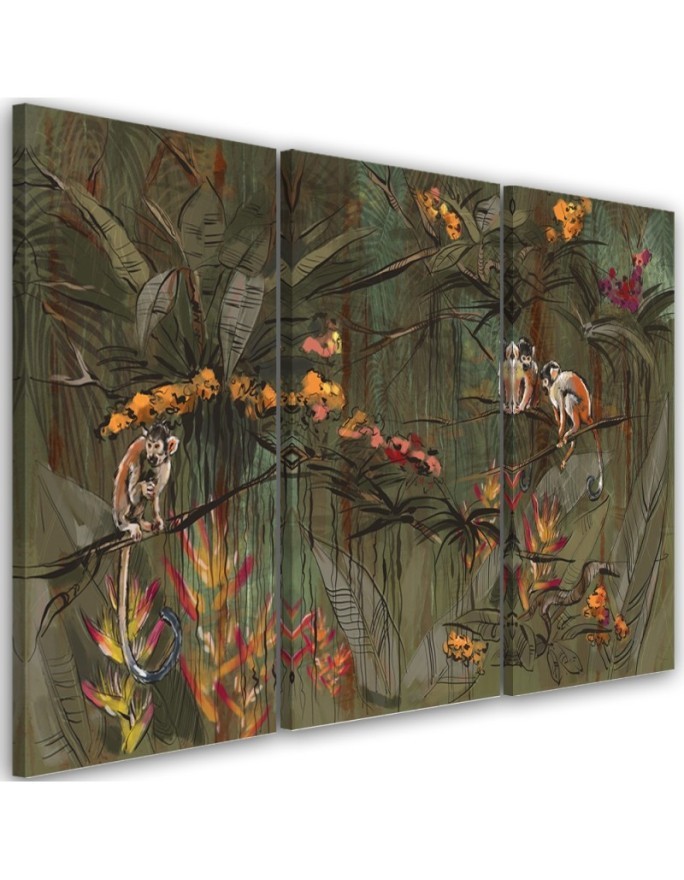 Wall picture on Canvas for living room triptych - Monkeys in the jungle | FEEBY