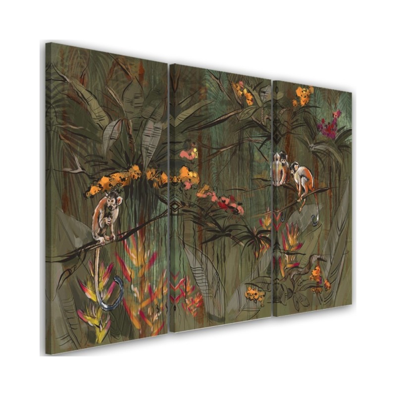 Wall picture on Canvas for living room triptych - Monkeys in the jungle | FEEBY