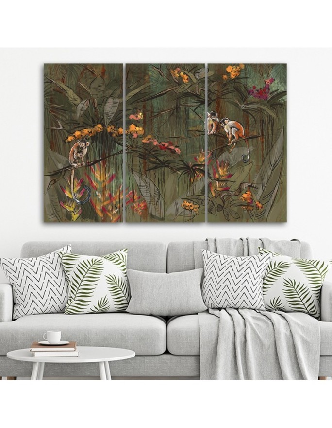 Wall picture on Canvas for living room triptych - Monkeys in the jungle | FEEBY