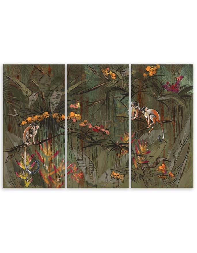 Wall picture on Canvas for living room triptych - Monkeys in the jungle | FEEBY