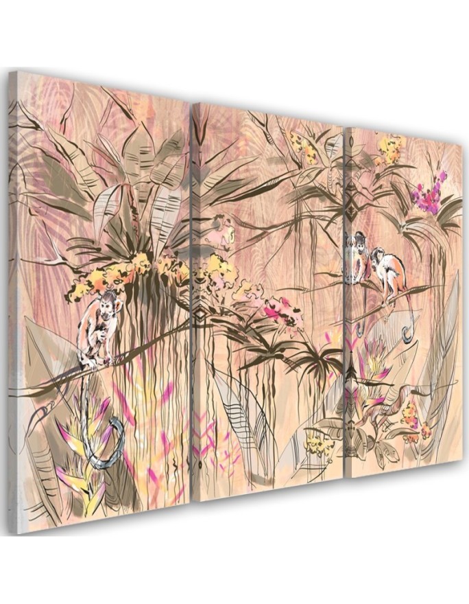 Wall painting for living room triptych - Monkeys in the jungle | FEEBY