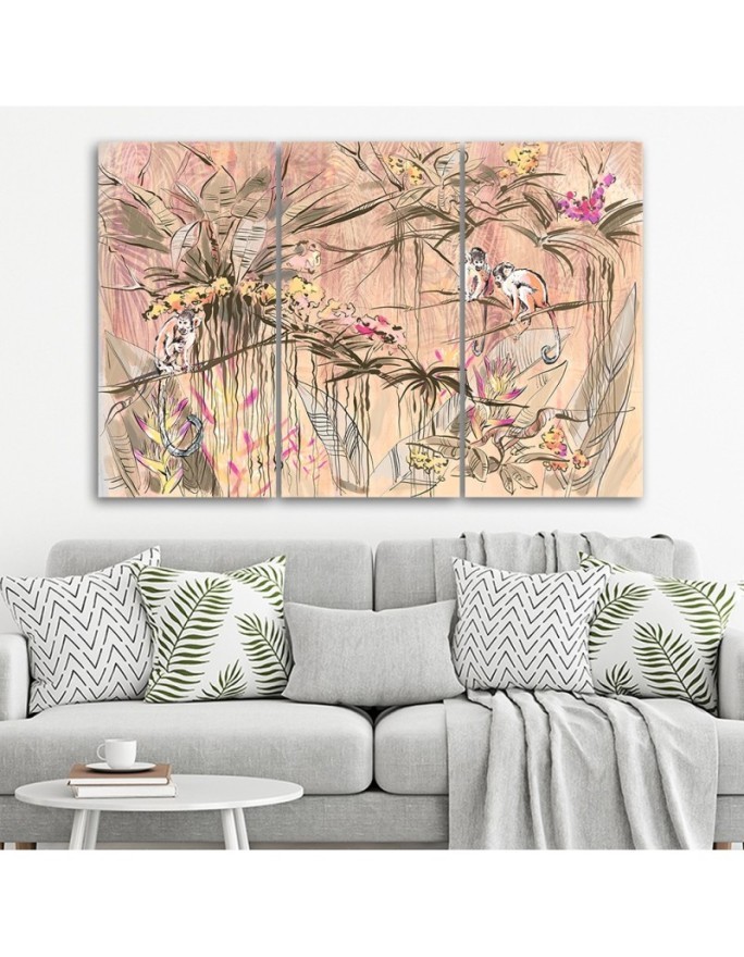 Wall painting for living room triptych - Monkeys in the jungle | FEEBY