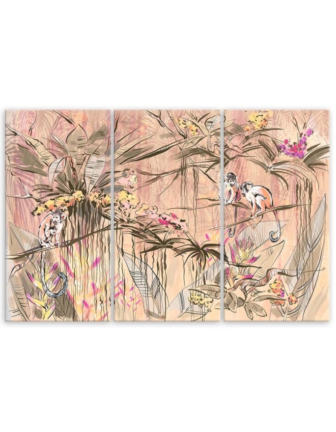 Wall painting for living room triptych - Monkeys in the jungle | FEEBY