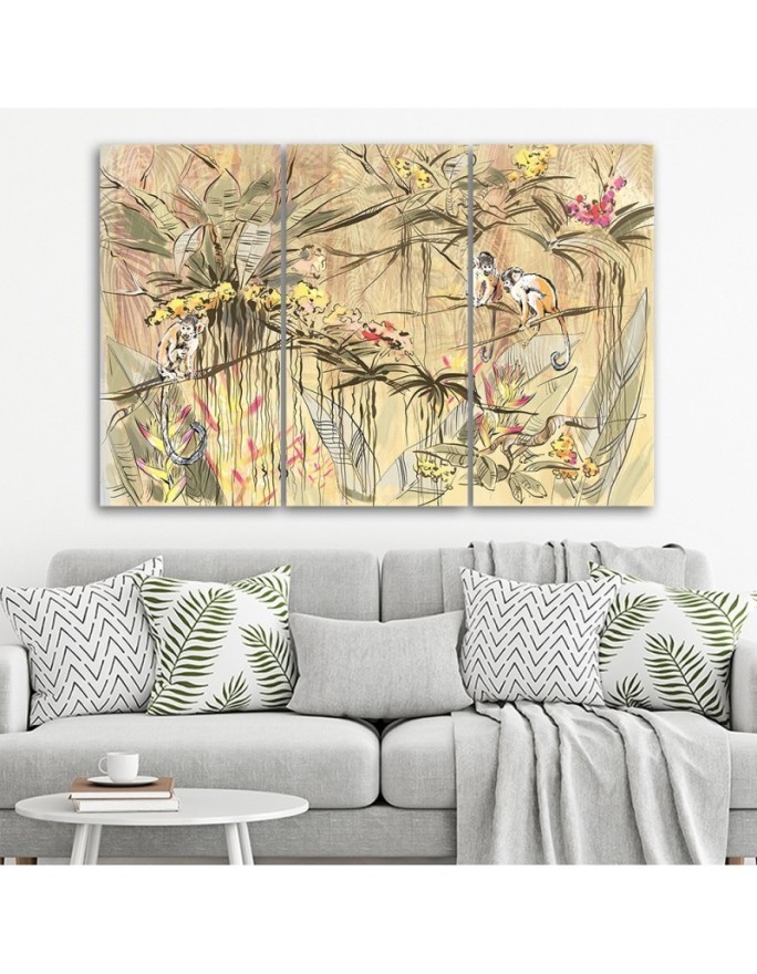 Wall picture for living room triptych - Monkeys in the jungle | FEEBY