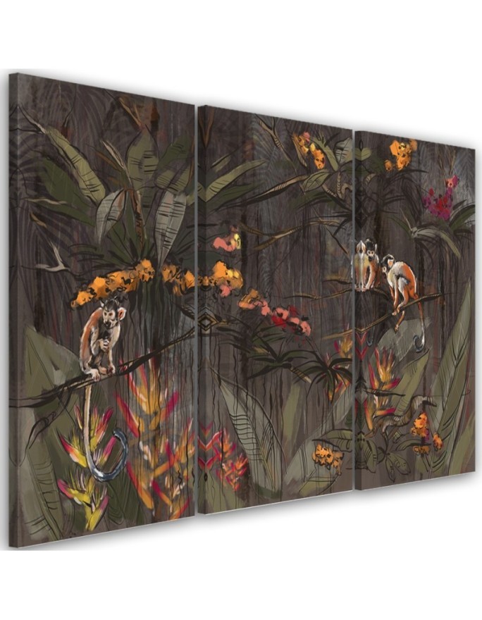 Wall painting for living room triptych - Monkeys in the jungle | FEEBY
