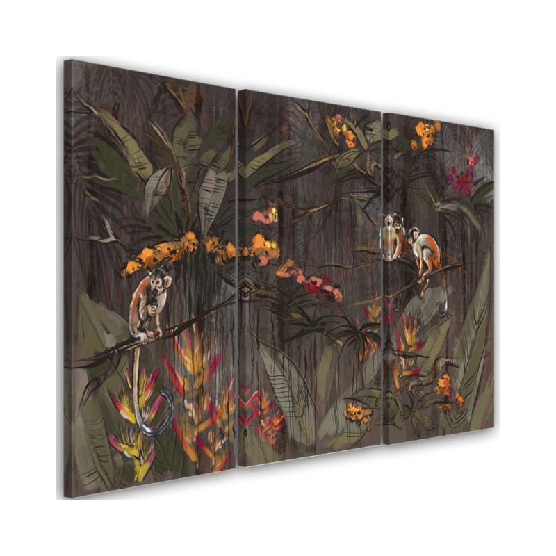Wall painting for living room triptych - Monkeys in the jungle | FEEBY