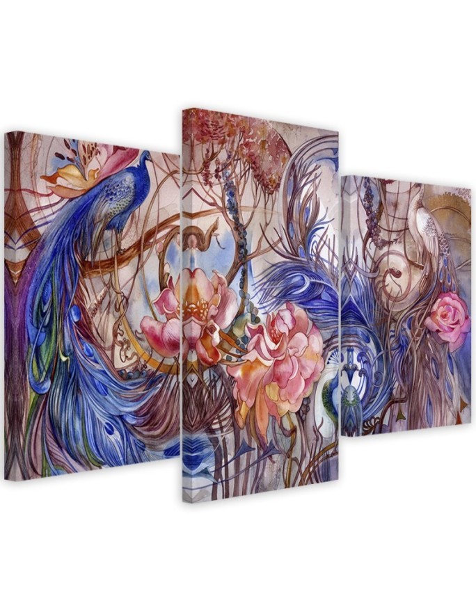Three-part wall painting for living room - Magic peacock | FEEBY