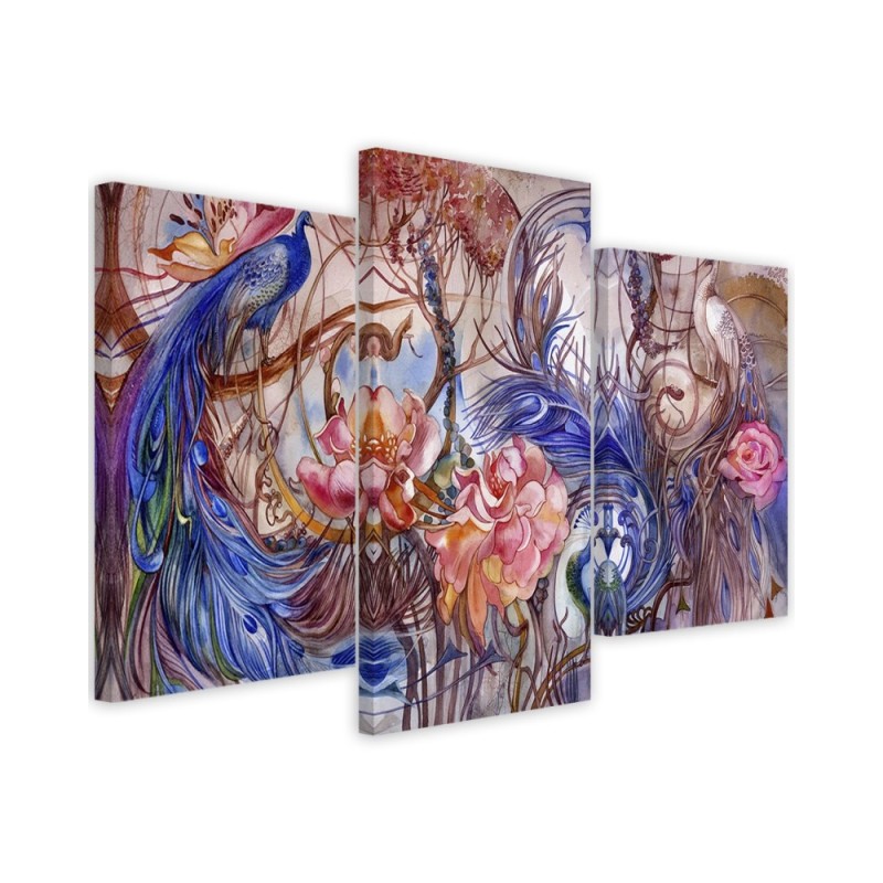 Three-part wall painting for living room - Magic peacock | FEEBY