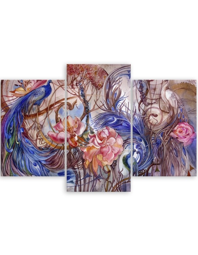 Three-part wall painting for living room - Magic peacock | FEEBY