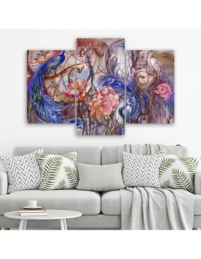 Three-part wall painting for living room - Magic peacock | FEEBY