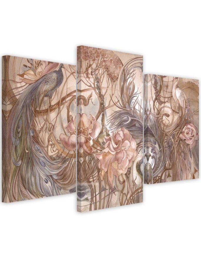 Three-part wall painting for living room - Magic peacock | FEEBY