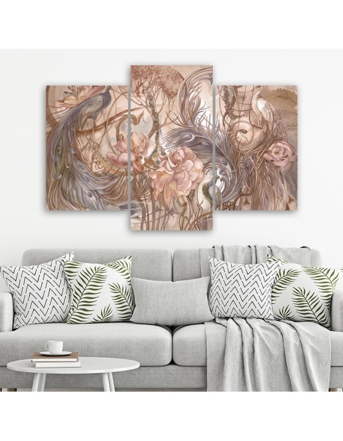 Three-part wall painting for living room - Magic peacock | FEEBY