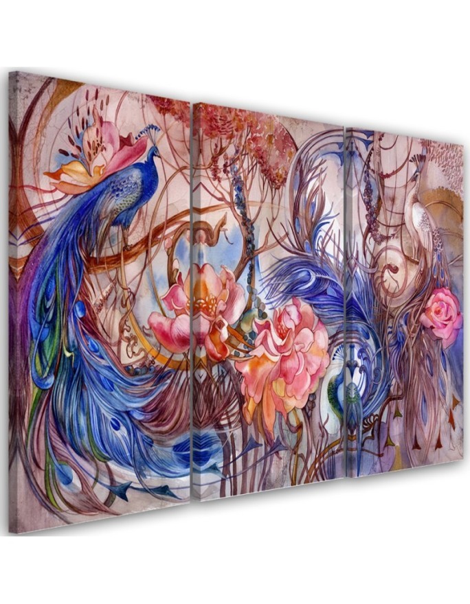 Three-part wall art painting for living room - Magic peacock | FEEBY