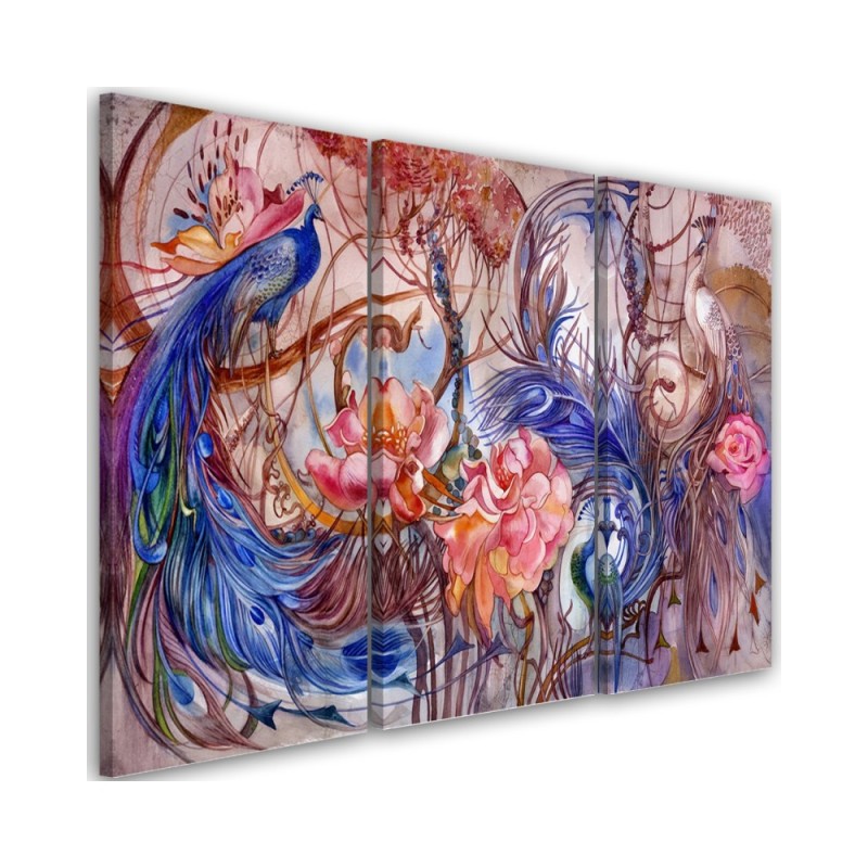 Three-part wall art painting for living room - Magic peacock | FEEBY
