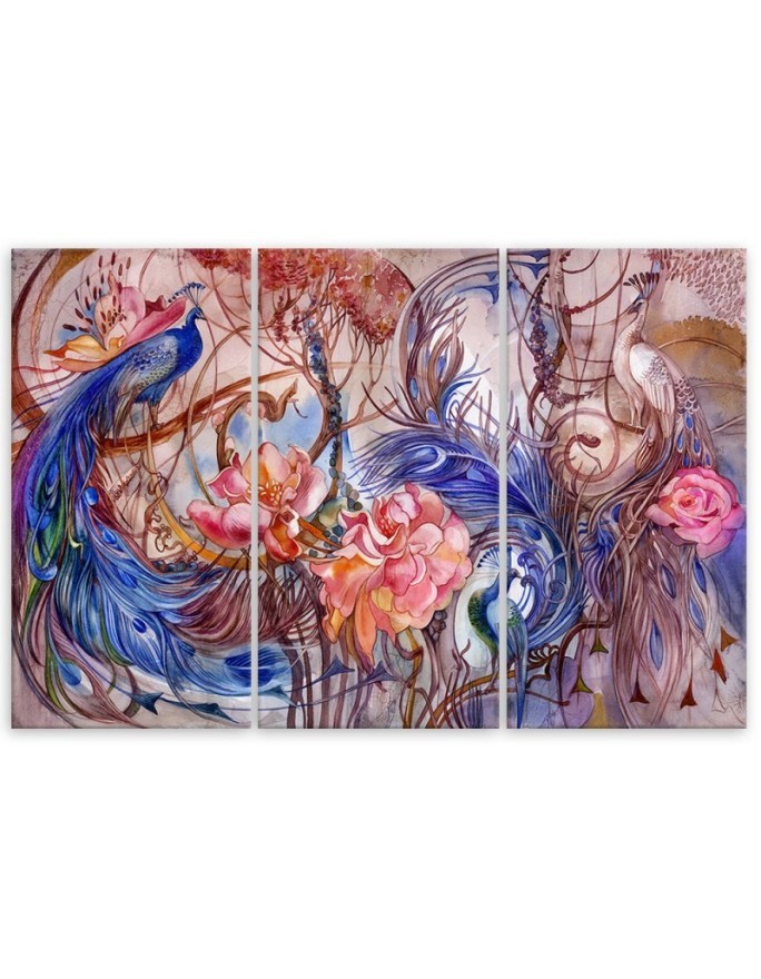 Three-part wall art painting for living room - Magic peacock | FEEBY