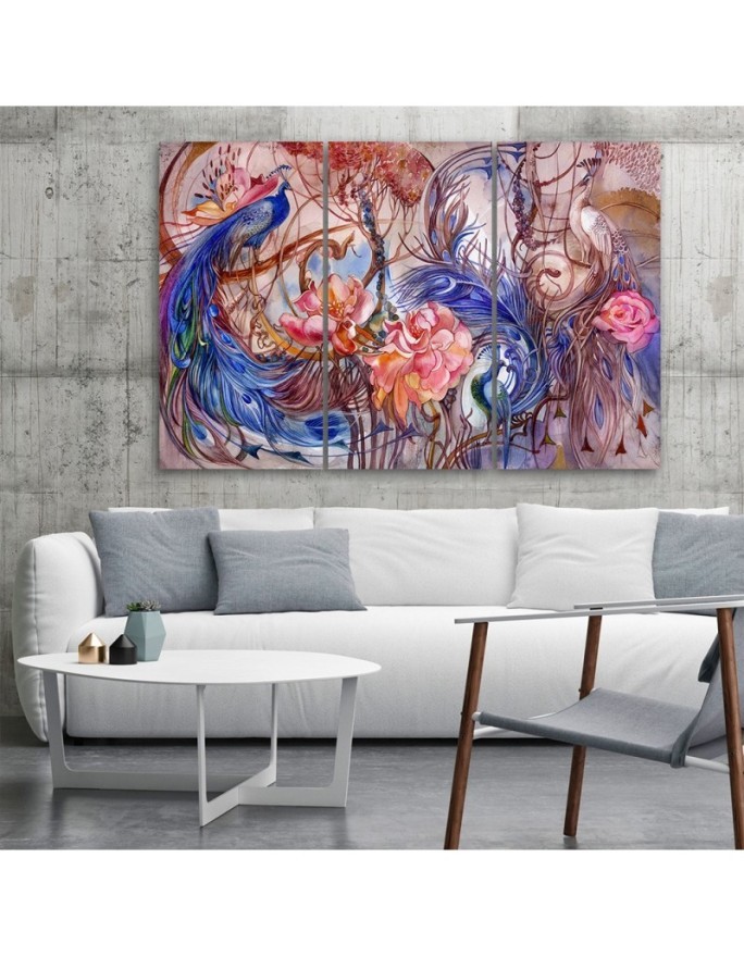 Three-part wall art painting for living room - Magic peacock | FEEBY