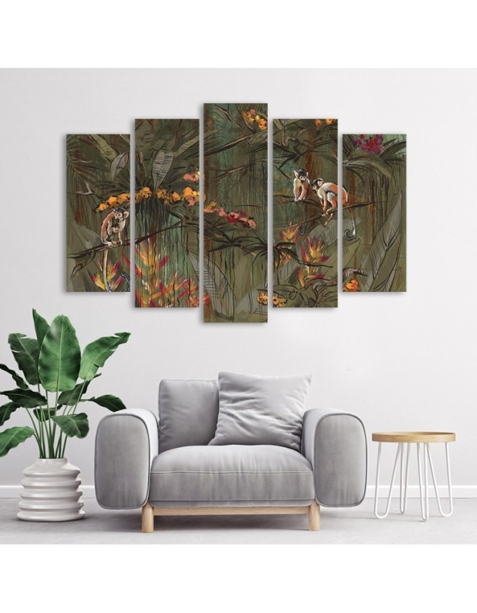 Canvas 5-piece painting - Monkeys in the jungle | FEEBY