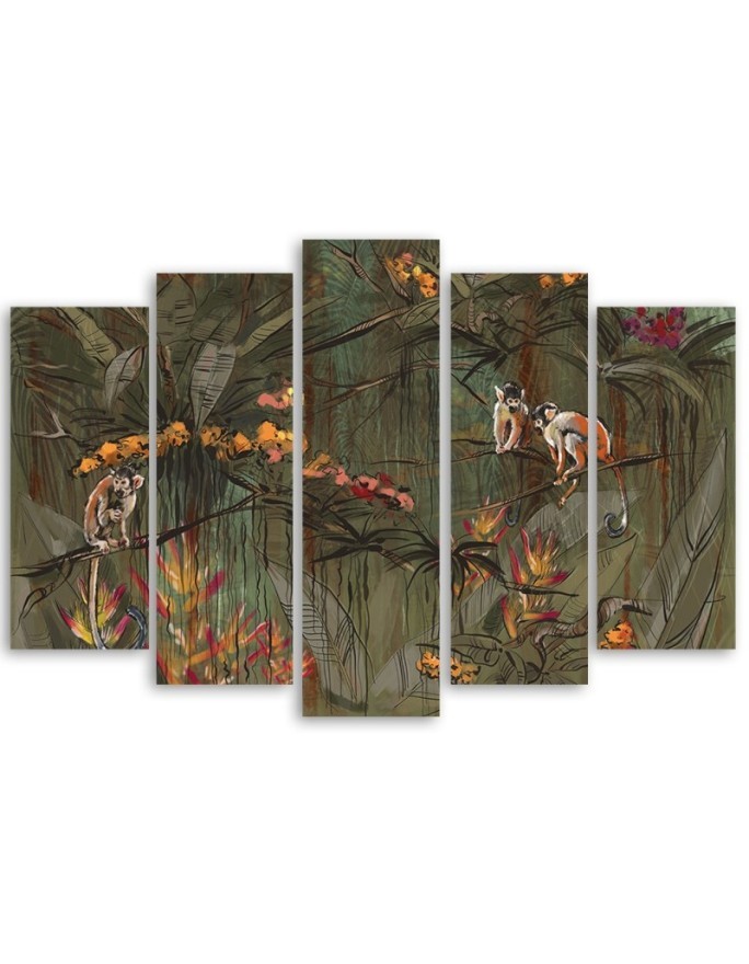 Canvas 5-piece painting - Monkeys in the jungle | FEEBY