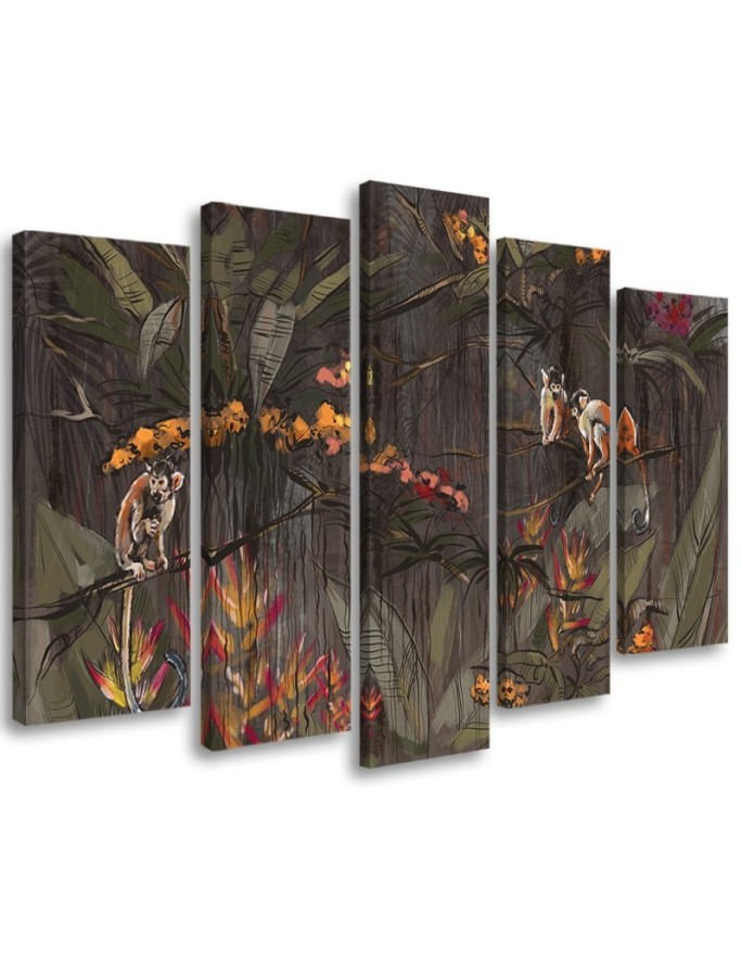 Canvas print on canvas 5 piece - Monkeys in the jungle | FEEBY