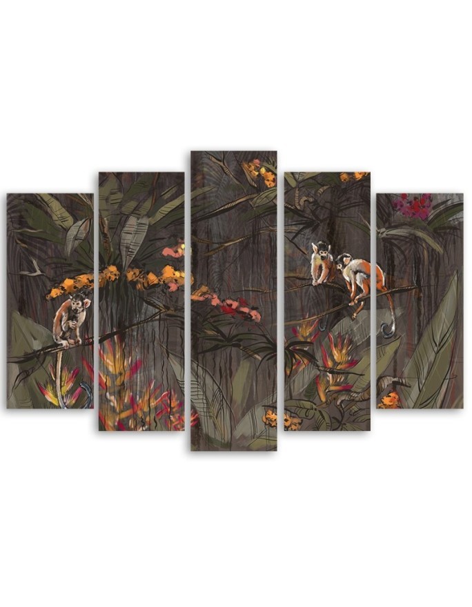 Canvas print on canvas 5 piece - Monkeys in the jungle | FEEBY