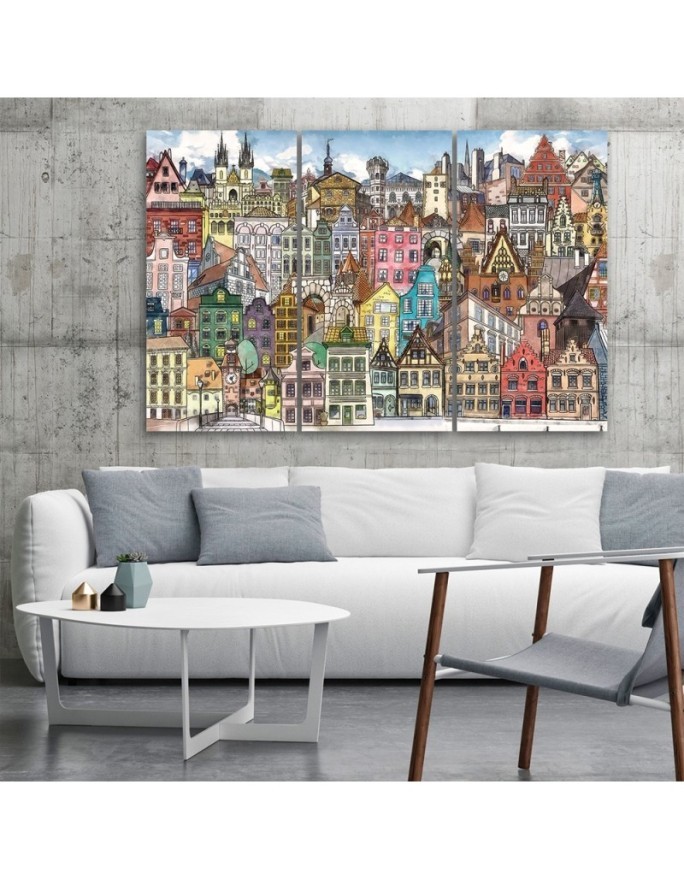 Children's triptych painting - Colourful town | FEEBY