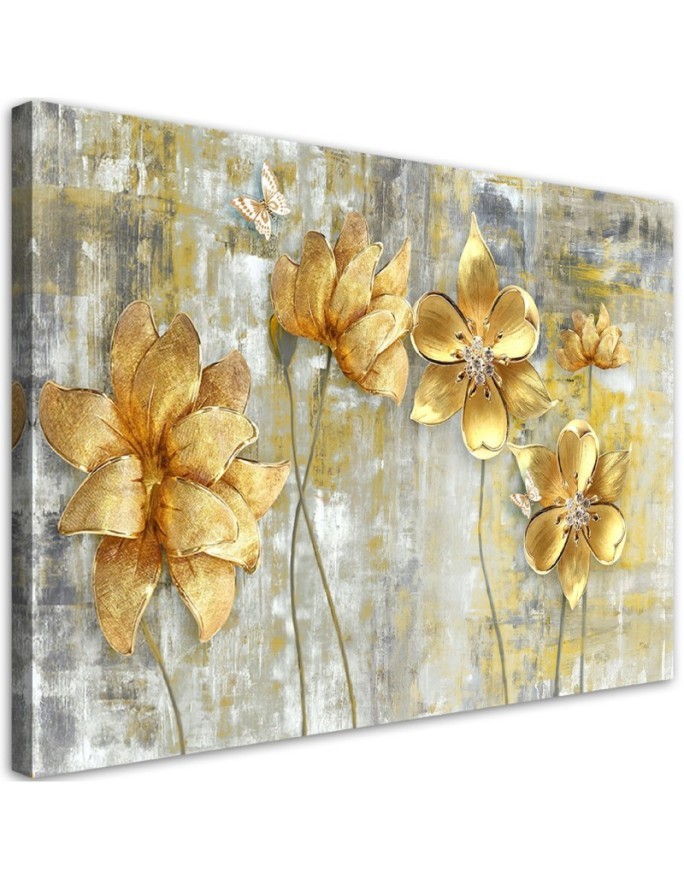 Canvas prints for modern living room - Golden flowers and butterflies | FEEBY