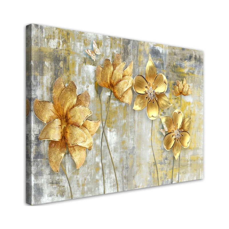 Canvas prints for modern living room - Golden flowers and butterflies | FEEBY