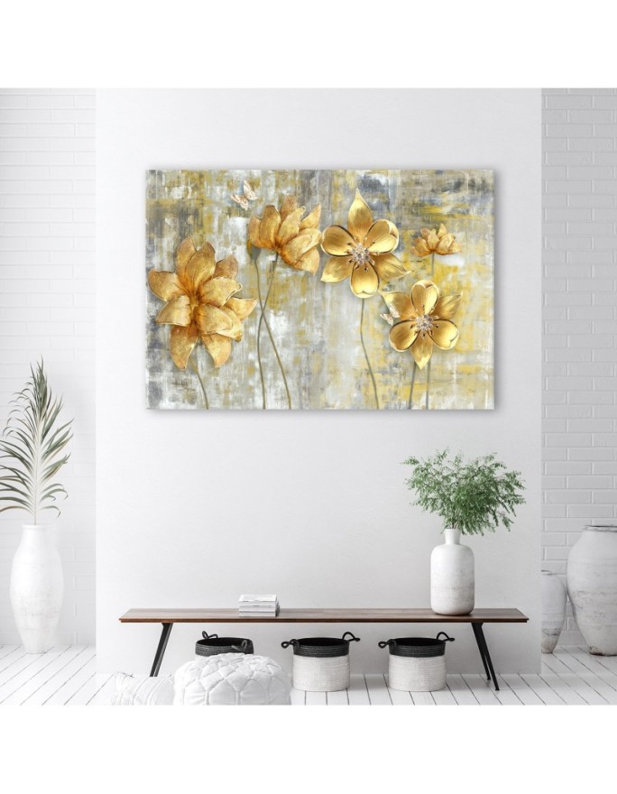 Canvas prints for modern living room - Golden flowers and butterflies | FEEBY