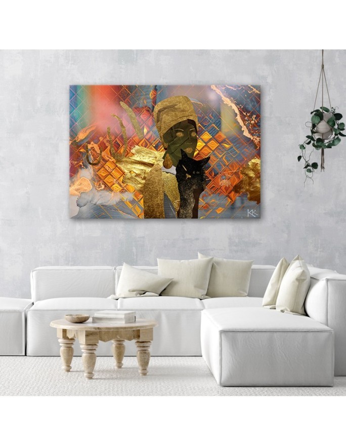 Canvas prints for living room - African woman and black cat | FEEBY