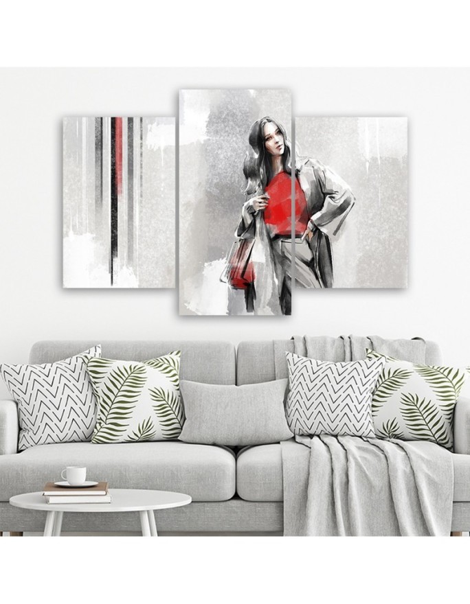 Canvas print for living room triptych - Woman in a coat | FEEBY