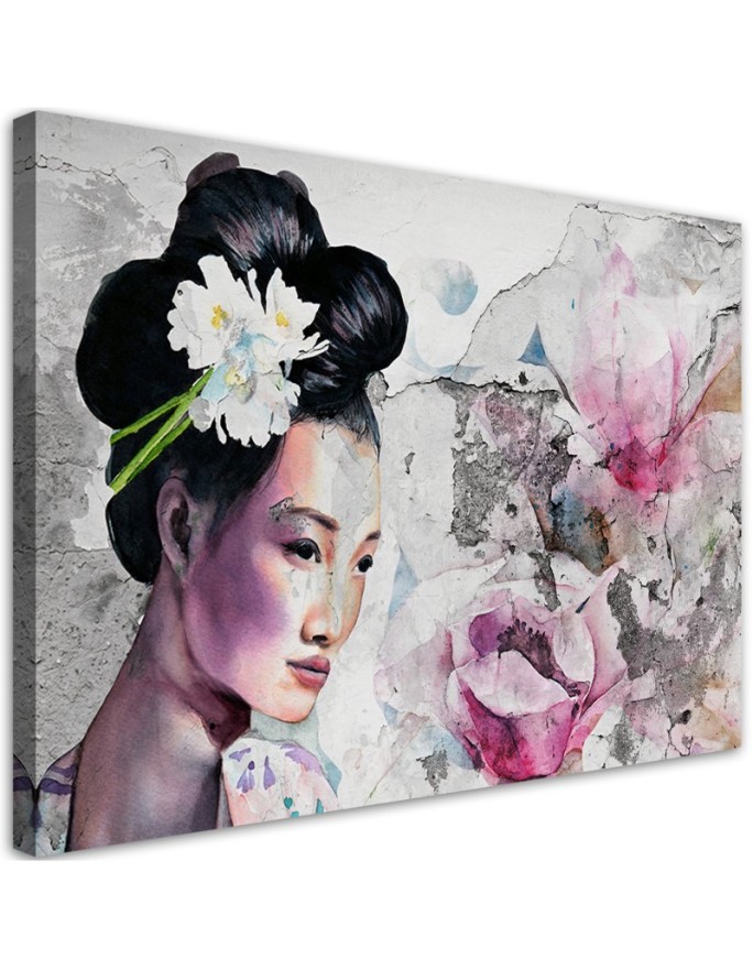 Wall art painting for bedroom - Portrait of a geisha on an old wall | FEEBY