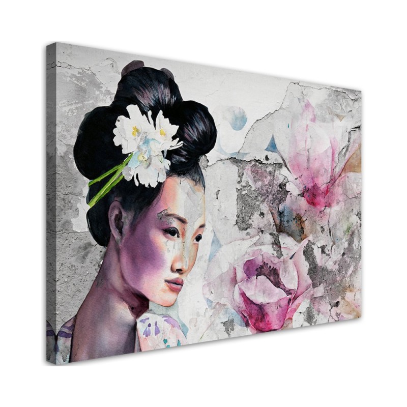 Wall art painting for bedroom - Portrait of a geisha on an old wall | FEEBY