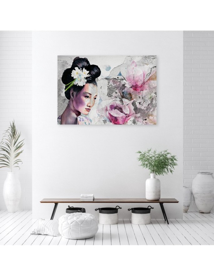 Wall art painting for bedroom - Portrait of a geisha on an old wall | FEEBY