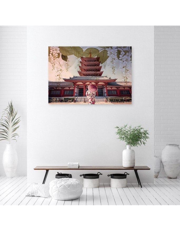 Wall art painting for living room - Japanese Geisha and temple | FEEBY