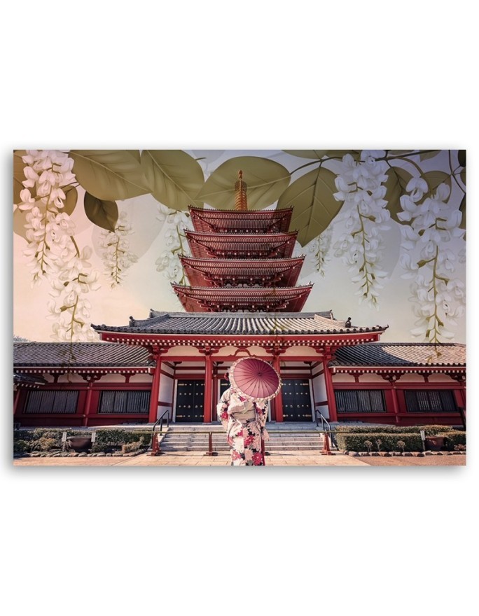 Wall art painting for living room - Japanese Geisha and temple | FEEBY