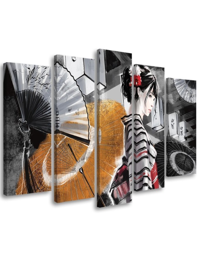 Canvas print for bedroom 5 parts - Geisha with fan | FEEBY