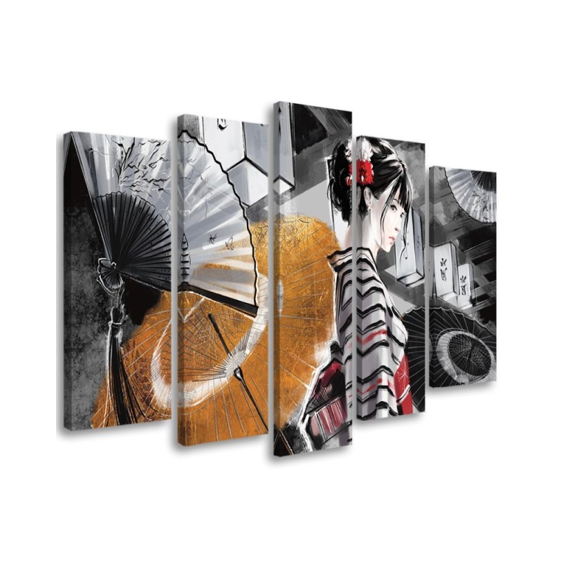 Canvas print for bedroom 5 parts - Geisha with fan | FEEBY