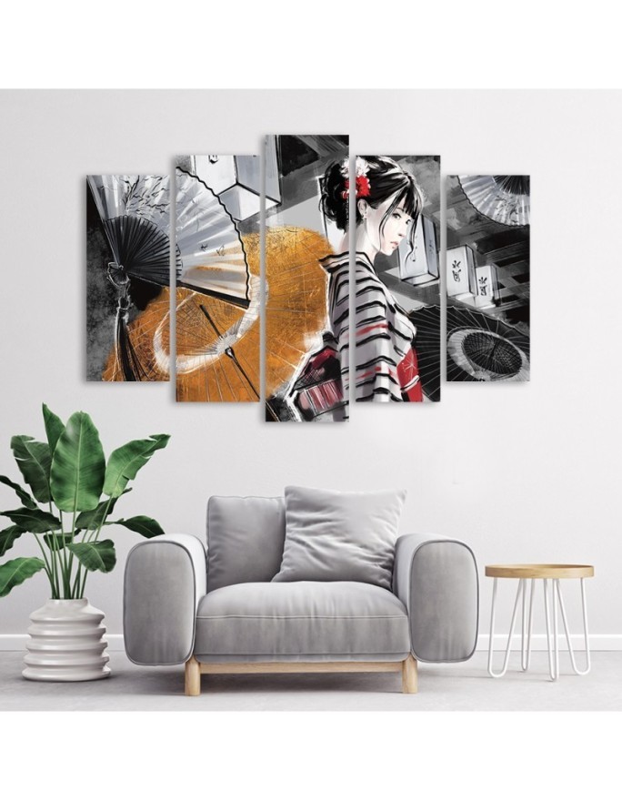 Canvas print for bedroom 5 parts - Geisha with fan | FEEBY