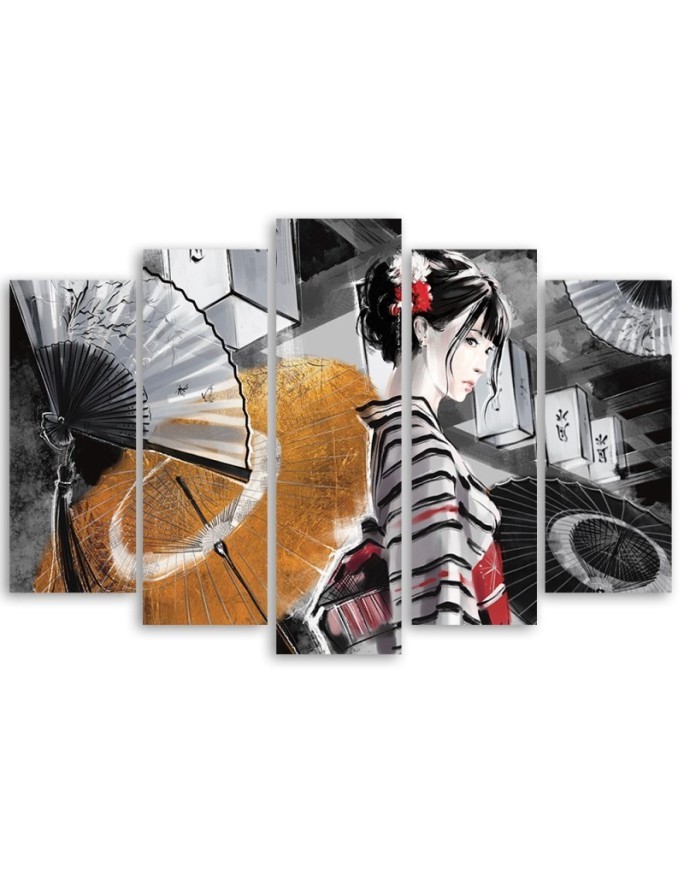 Canvas print for bedroom 5 parts - Geisha with fan | FEEBY